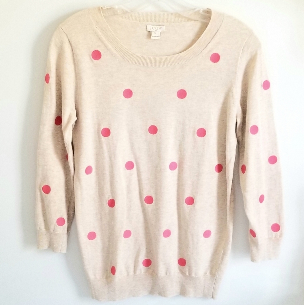 J. Crew pink dot embroidered tan cotton sweater